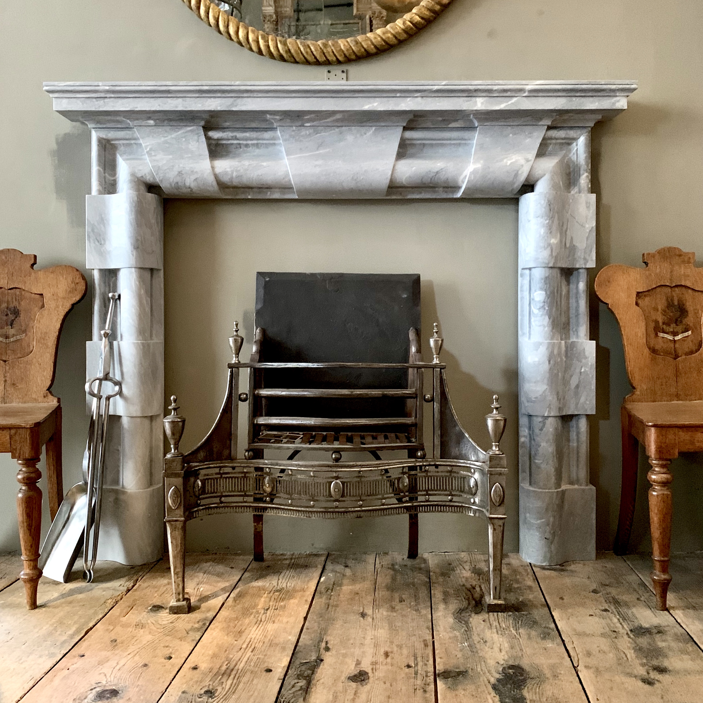 The Langley reproduction mantel in Bardiglio marble.